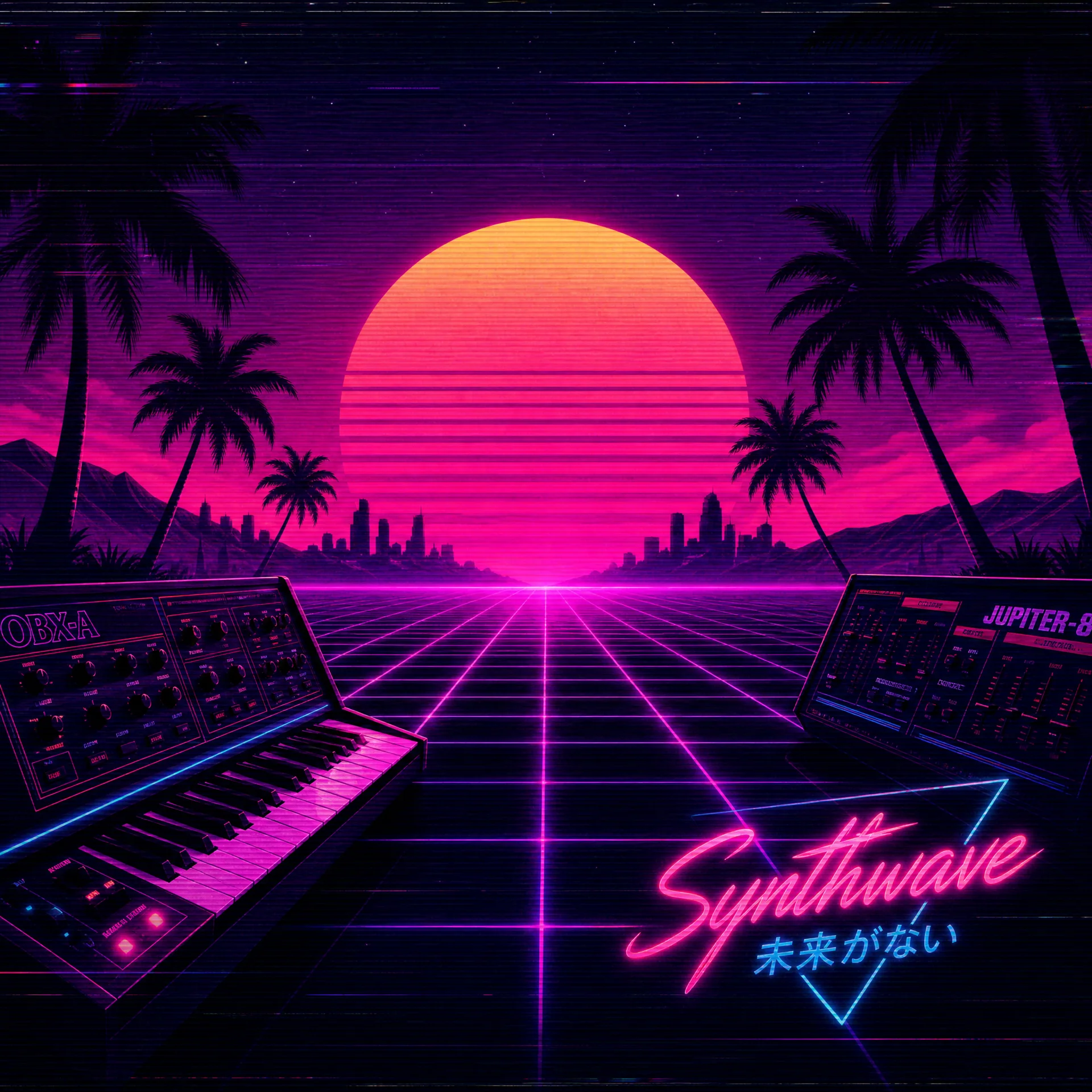 Synthwave复古未来风格封面，霓虹网格与落日